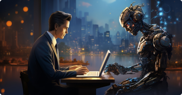 A team of diverse human workers collaborates  with AI robots to Understand and analyze data  and improve underwriting processes.